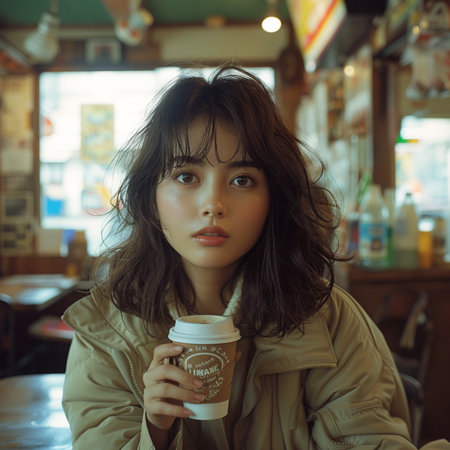 young beautiful asian woman drinking coffee in the city street, lifestyle people concept,Generative AIの素材
