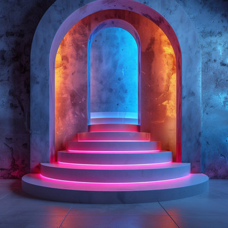 3d render, abstract background, neon light, round arch, stairsの素材