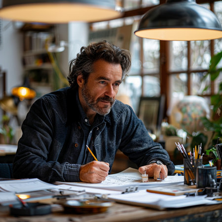 Architect working at his desk in his office, drawing sketches,Generative AIの素材