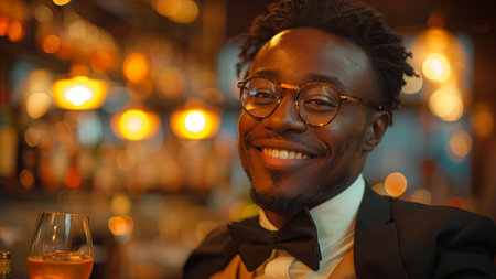 Handsome african american man in suit and glasses at bar,Generative AIの素材