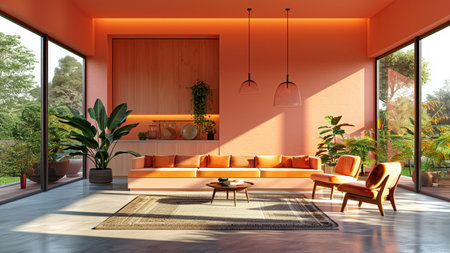 Interior of modern living room, orange walls, concrete floor, orange sofa and armchairs. 3d render,Generative AIの素材