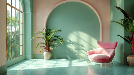 Interior of living room with pink armchair and tropical plants. 3d renderの素材