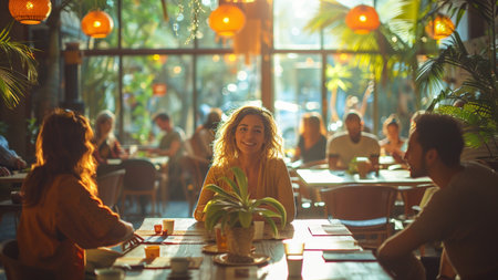 Group of friends having dinner together in a restaurant. Cheerful young woman sitting at a table in a cafe and drinking coffee.の素材