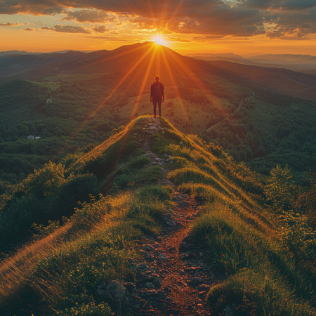Man standing on the top of a mountain and looking at the sunsetの素材