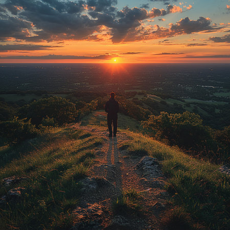 Man standing on the top of a mountain and looking at the sunsetの素材
