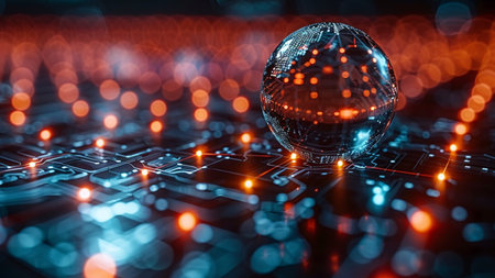 Abstract 3d rendering of computer circuit board with glowing sphere. Technology background.の素材