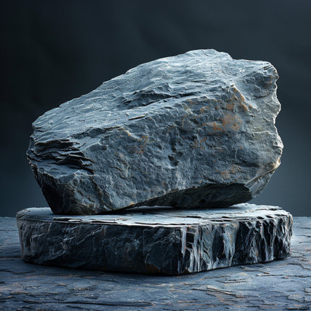 Stone pedestal on dark background. 3d render. Square composition.の素材