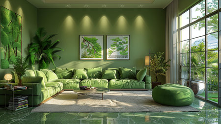 Interior of modern living room with green sofa 3D rendering.の素材