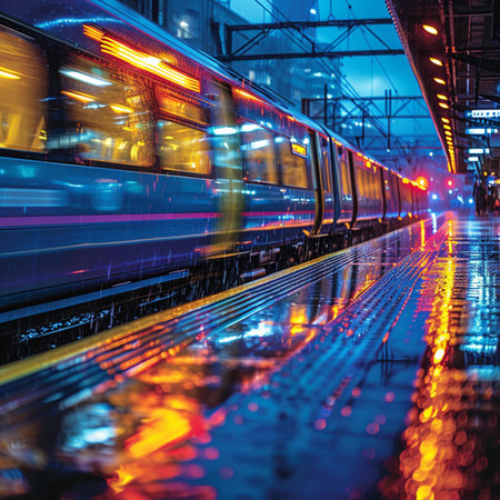 Train in the city at night. Long exposure shot. Motion blur.の素材
