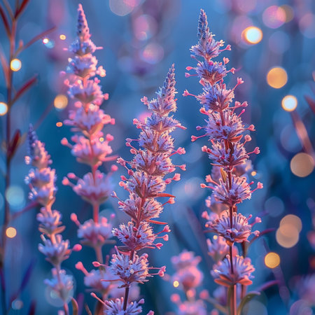 Purple flowers on a background of blue sky with bokehの素材