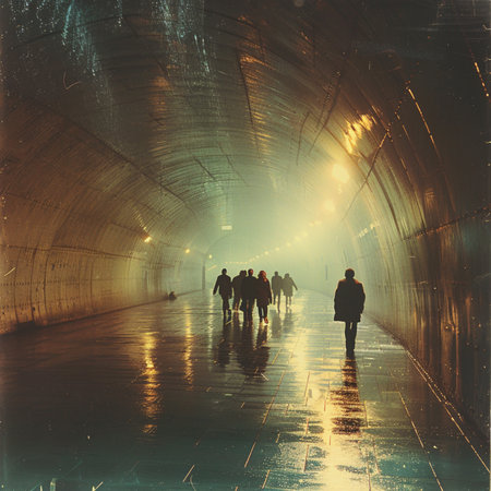 People walking in the tunnel at night. Travel concept. Vintage style.の素材