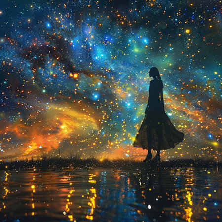 Young woman on a background of the night sky with stars and spaceの素材