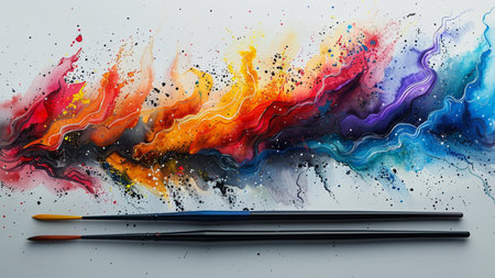 Colorful paint splashes and brushes on white background. 3D renderingの素材