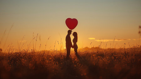Silhouette of young couple in love holding red heart shape balloon at sunsetの素材