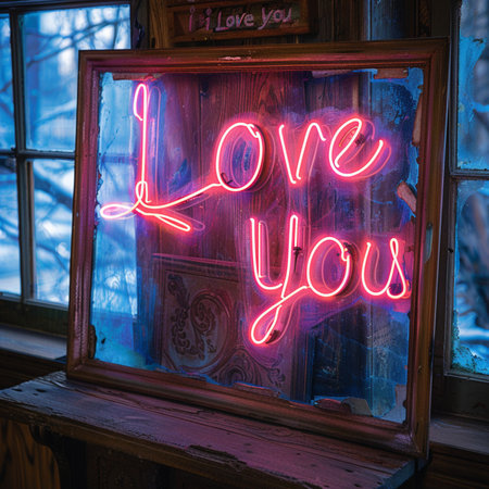 Neon sign with love you in the window of an old houseの素材