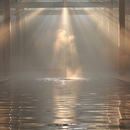 Swimming pool in foggy morning with sun rays and reflections.の素材
