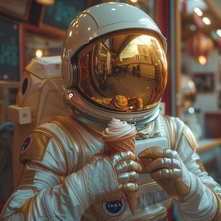 Astronaut with ice cream on the background of the night city.の素材