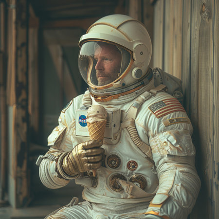 Astronaut with ice cream in his hand. Vintage style.の素材