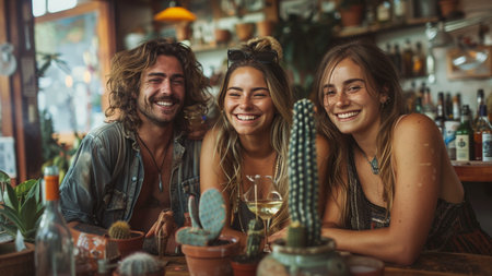 Portrait of smiling friends sitting at bar counter and looking at cameraの素材