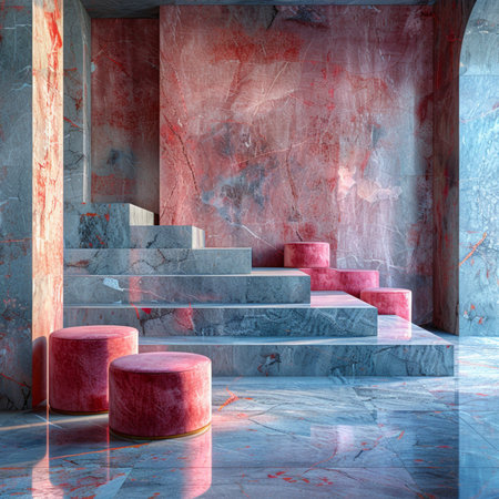 3d rendering of abstract interior design with marble stairs and red podiumの素材