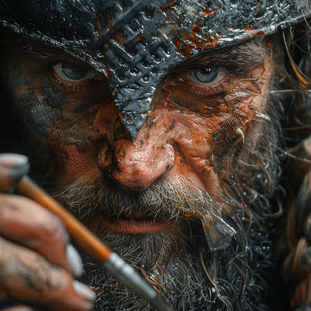 close-up portrait of a man in the image of a viking.の素材