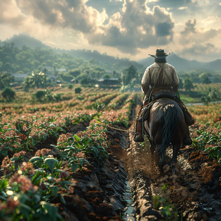 Rear view of a farmer riding a horse on a field in Thailandの素材