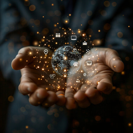 Businessman holding a global network in his hands. 3D renderingの素材