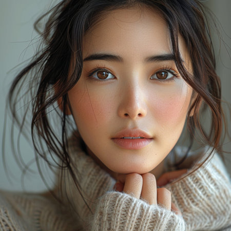 Portrait of a beautiful young Asian woman with brown eyes.の素材
