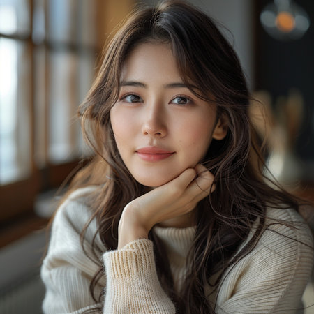 Portrait of beautiful young asian woman with long brown hair in white sweater.の素材