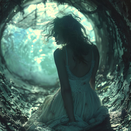 Beautiful young woman in a tunnel of water. Fairy tale.の素材