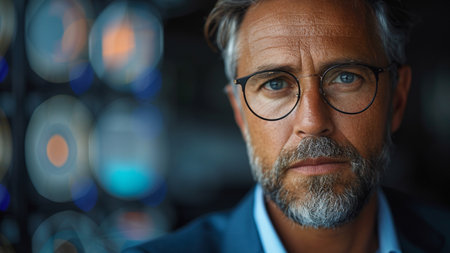 Portrait of mature businessman with eyeglasses looking at camera in officeの素材