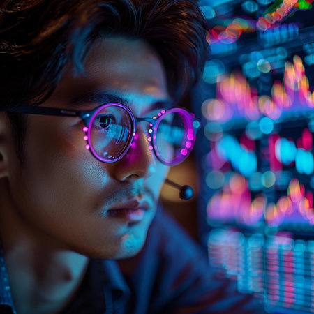 Portrait of a handsome young Asian man wearing glasses and using a headset to listen to the music.の素材