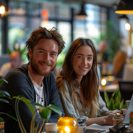 Portrait of a smiling young couple sitting at a table in a coffee shopの素材