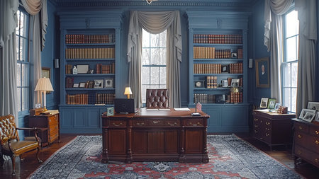 Luxury royal library interior with bookshelf, table and chairの素材