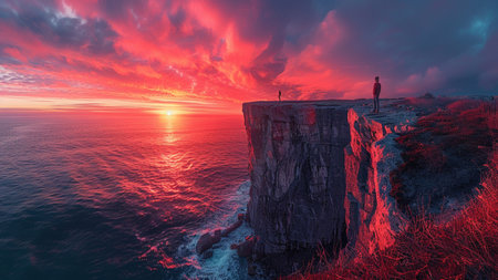 A man standing on a cliff and watching the sunset over the oceanの素材