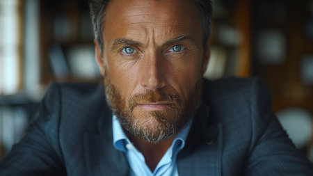 Portrait of mature businessman with beard looking at camera in office.の素材