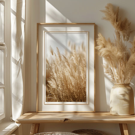 3d render of interior with golden frame and pampas grassの素材