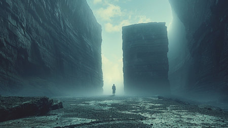Fantasy landscape with a man in the middle of a dark caveの素材