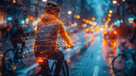 Cyclist riding on the road in the city at night.の素材