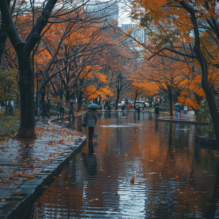 People walking in the autumn park.の素材