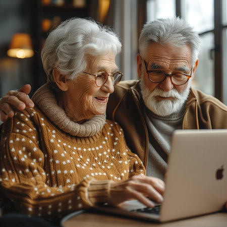 senior couple using laptop at home, looking at screen and smilingの素材