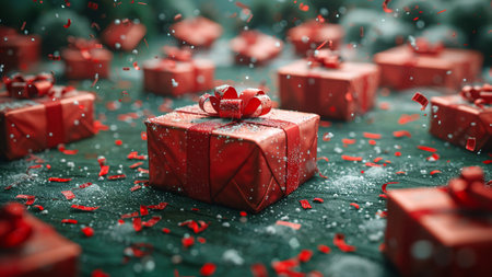 Christmas background with red gift boxes and falling snow. 3d renderingの素材