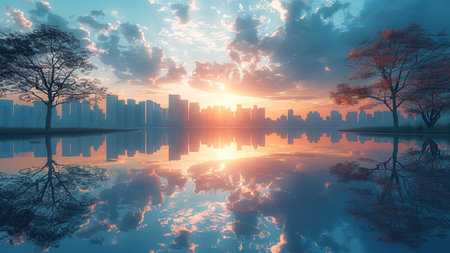 Beautiful sunset over the lake in the city. 3d renderingの素材
