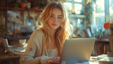 Attractive young woman using a laptop while sitting in a coffee shopの素材
