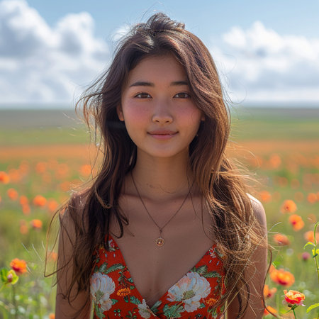 Beautiful young asian woman in a field of poppiesの素材