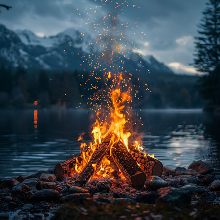 Bonfire on the shore of a mountain lake in the evening.の素材