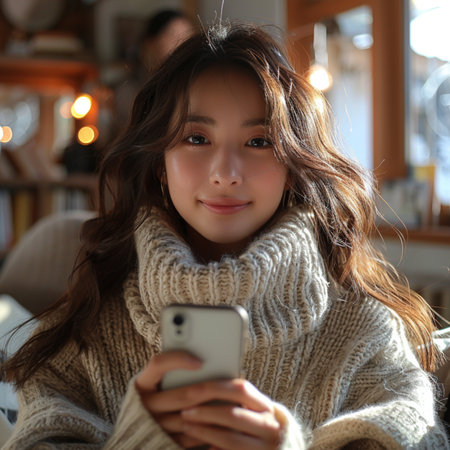 Beautiful asian woman in warm sweater using mobile phone in cafeの素材