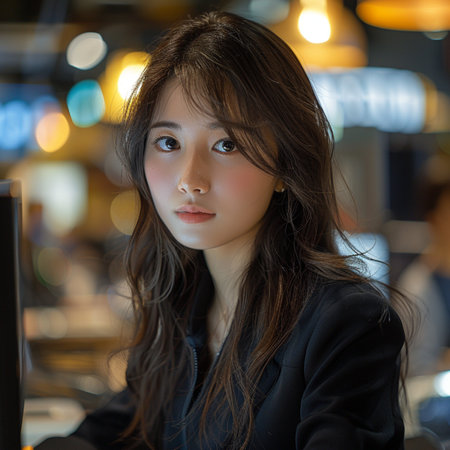 Portrait of a beautiful asian woman in black suit sitting in a cafeの素材