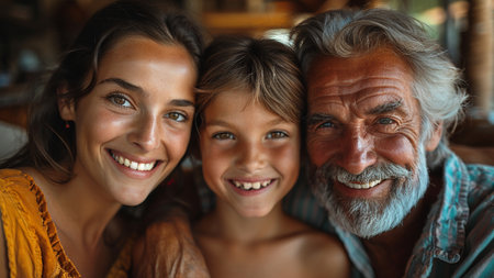 Portrait of smiling family looking at camera in living room at homeの素材