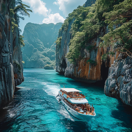 Cruise boat in the bay of Phi Phi islands, Thailand.の素材